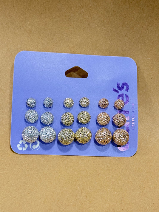 Claire’s multi size round glitter and stone studs in silver gold and rose gold