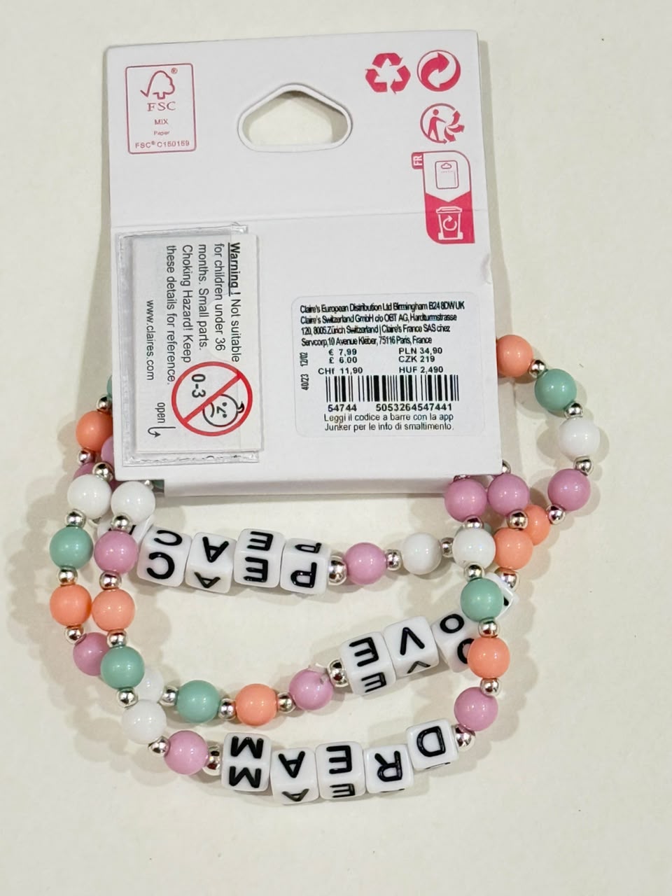 Claire’s pastel beaded pack of 3 peace dream and love adjustable bracelet
