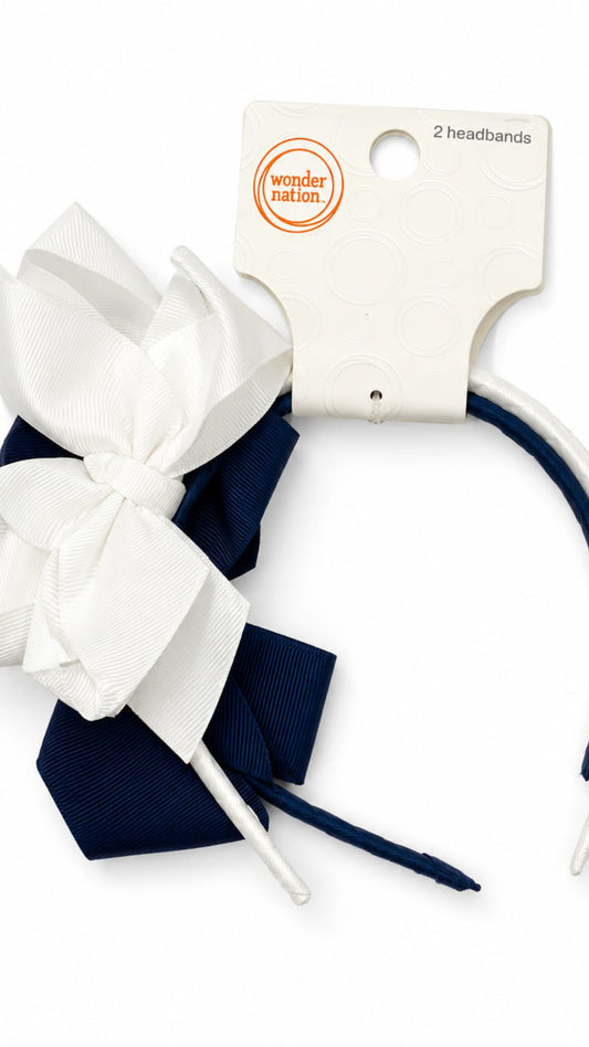 Wondernation Pack of 2 Bow Headbands White & Navy Blue
