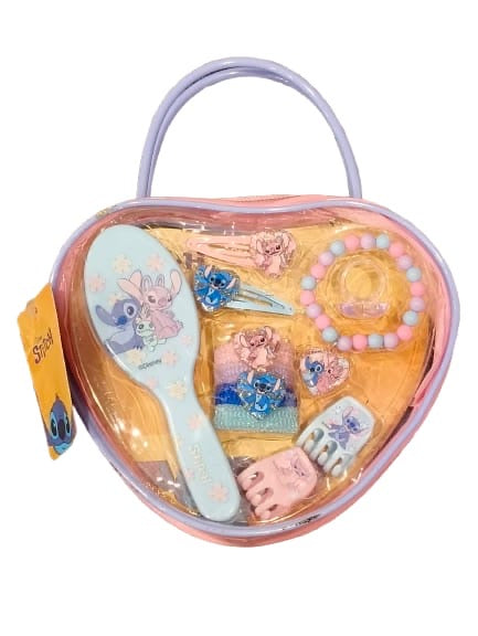 Stitch and friends Disney original  hairbrush jewellery and hair accessories gift set with hand bag