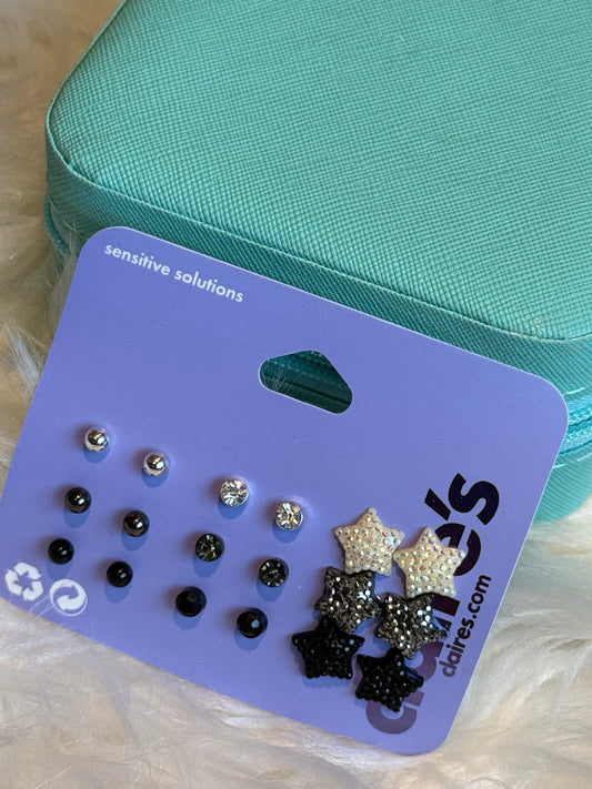 Claire’s pack of 9 pairs white silver and black studs