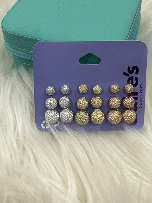 Claire’s multi size round glitter and stone studs in silver gold and rose gold