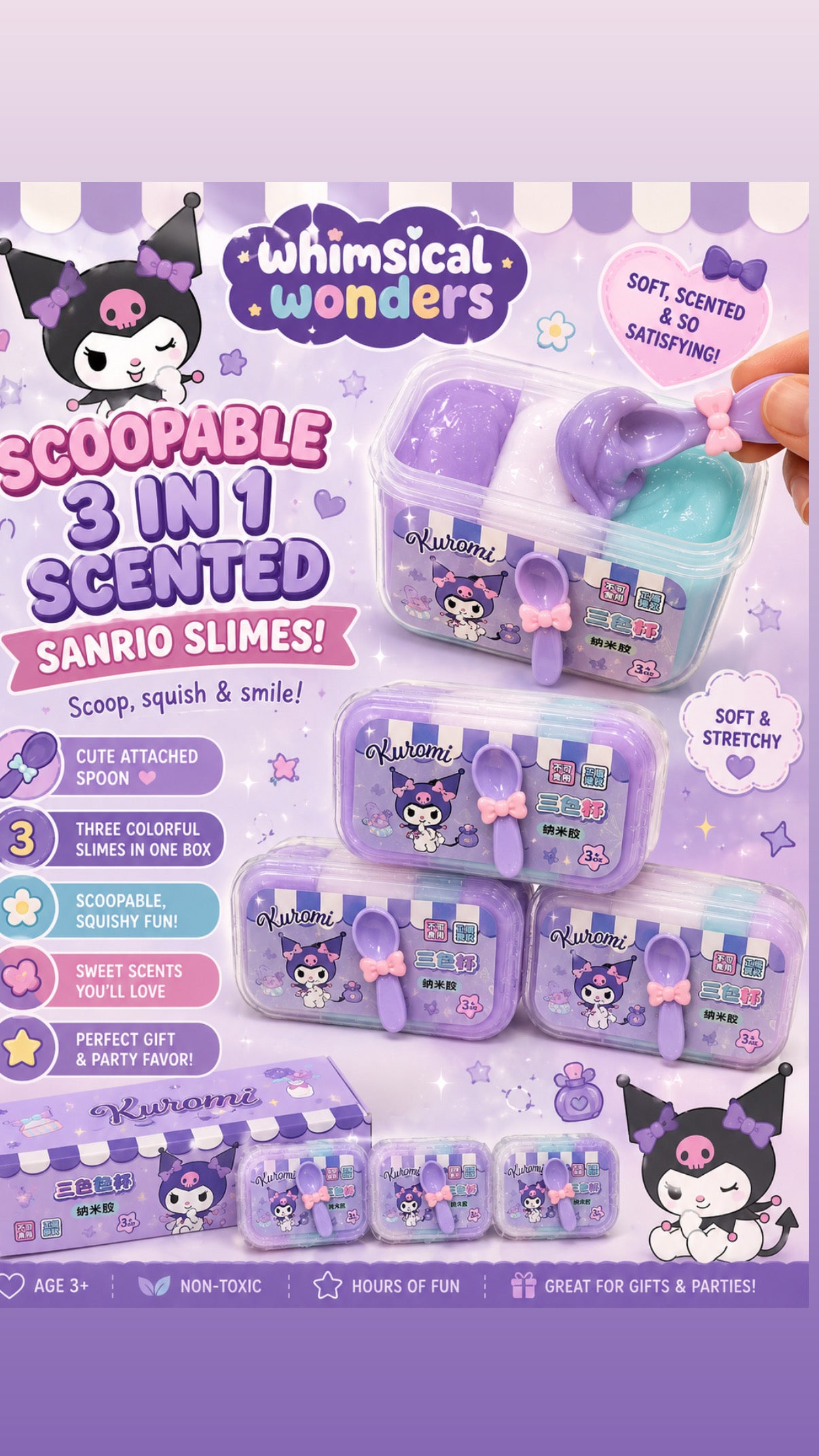 Kuromi Sanrio licensed slime scoopable 3 in 1 with kawaii spoon