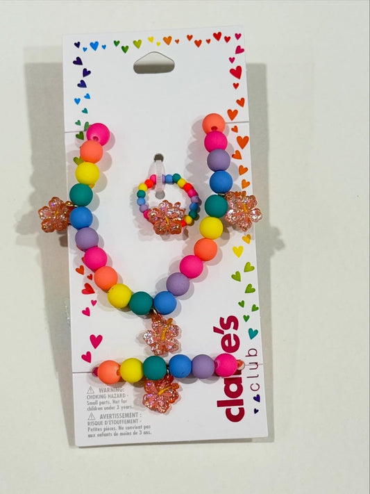 Claire’s beaded multi bracelet necklace and ring set with hanging flower charms