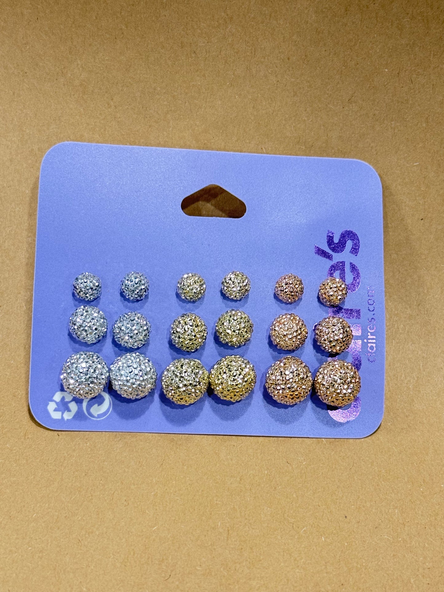 Claire’s multi size round glitter and stone studs in silver gold and rose gold