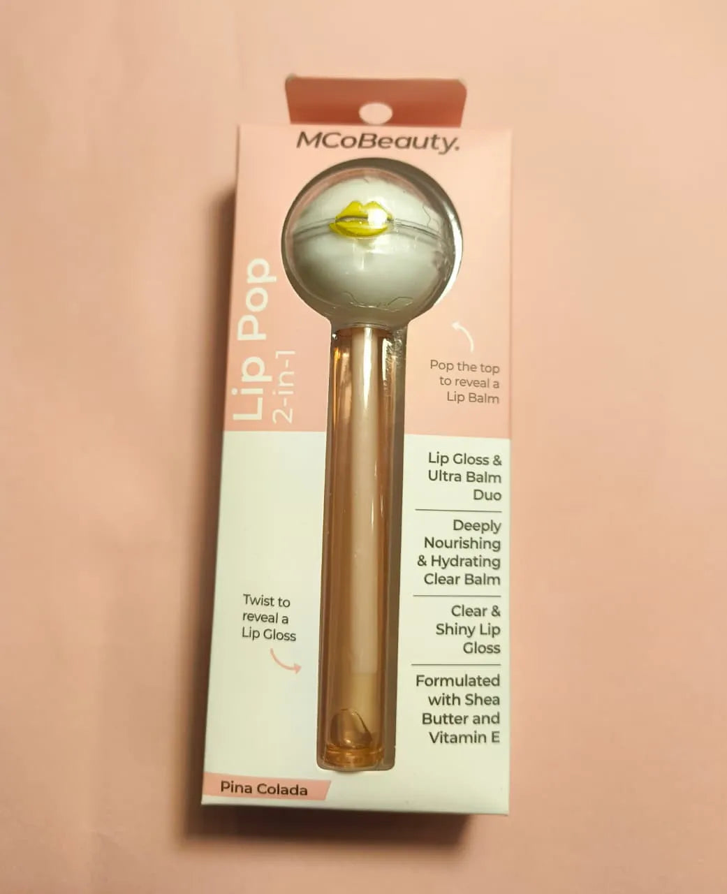 Mco Beauty Lip POp 2-in-1 packaging with lip gloss and ultra balm for hydrated lips.