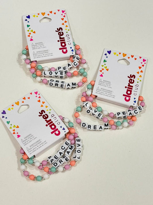 Claire’s pastel beaded pack of 3 peace dream and love adjustable bracelet
