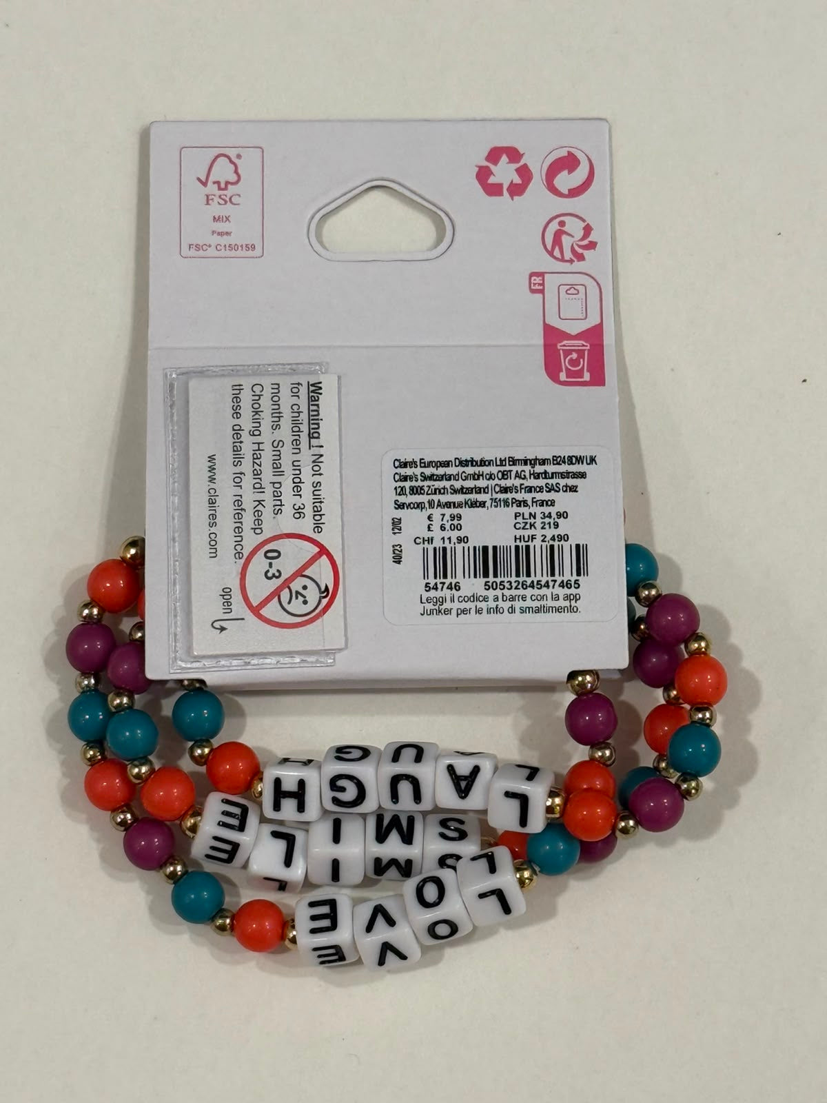 Claire’s beaded love smile laugh pack of 3 bracelets