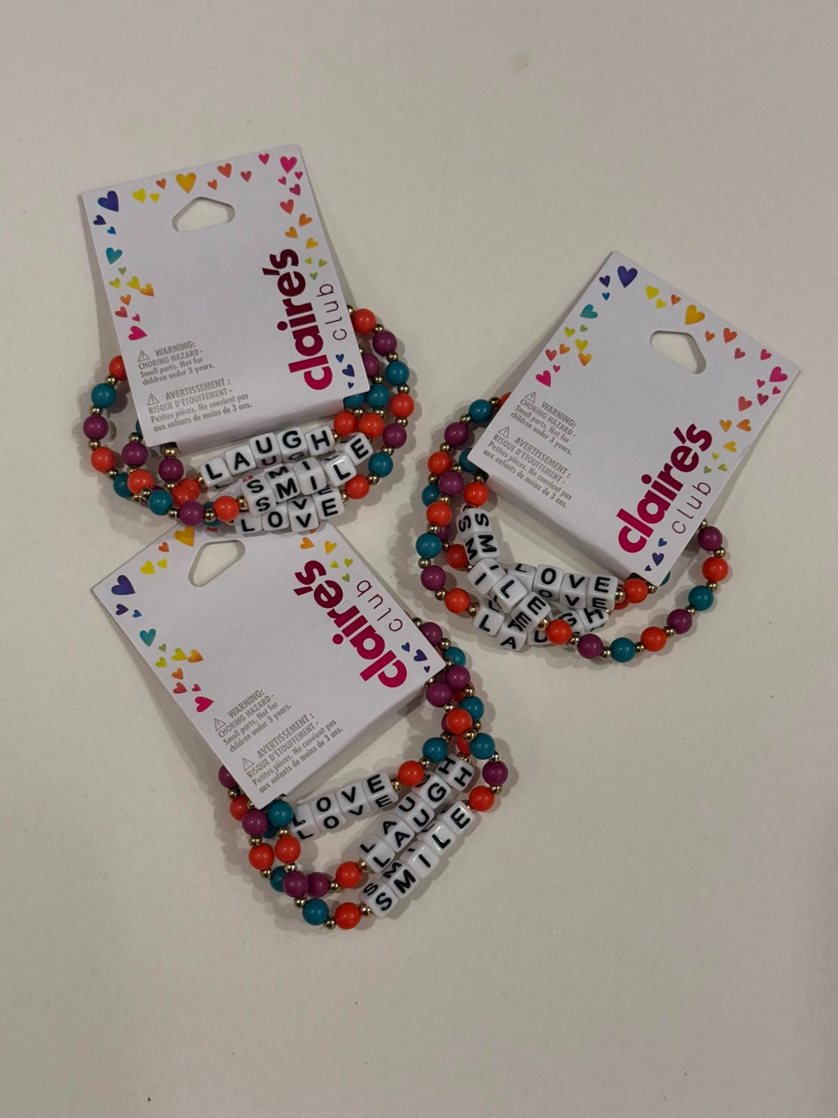 Claire’s beaded love smile laugh pack of 3 bracelets