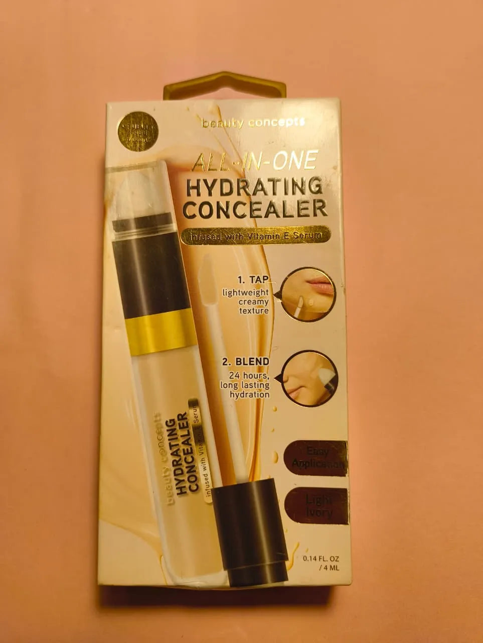 Beauty Concepts All In One Hydrating Concealer packaging showcasing benefits and application tips.