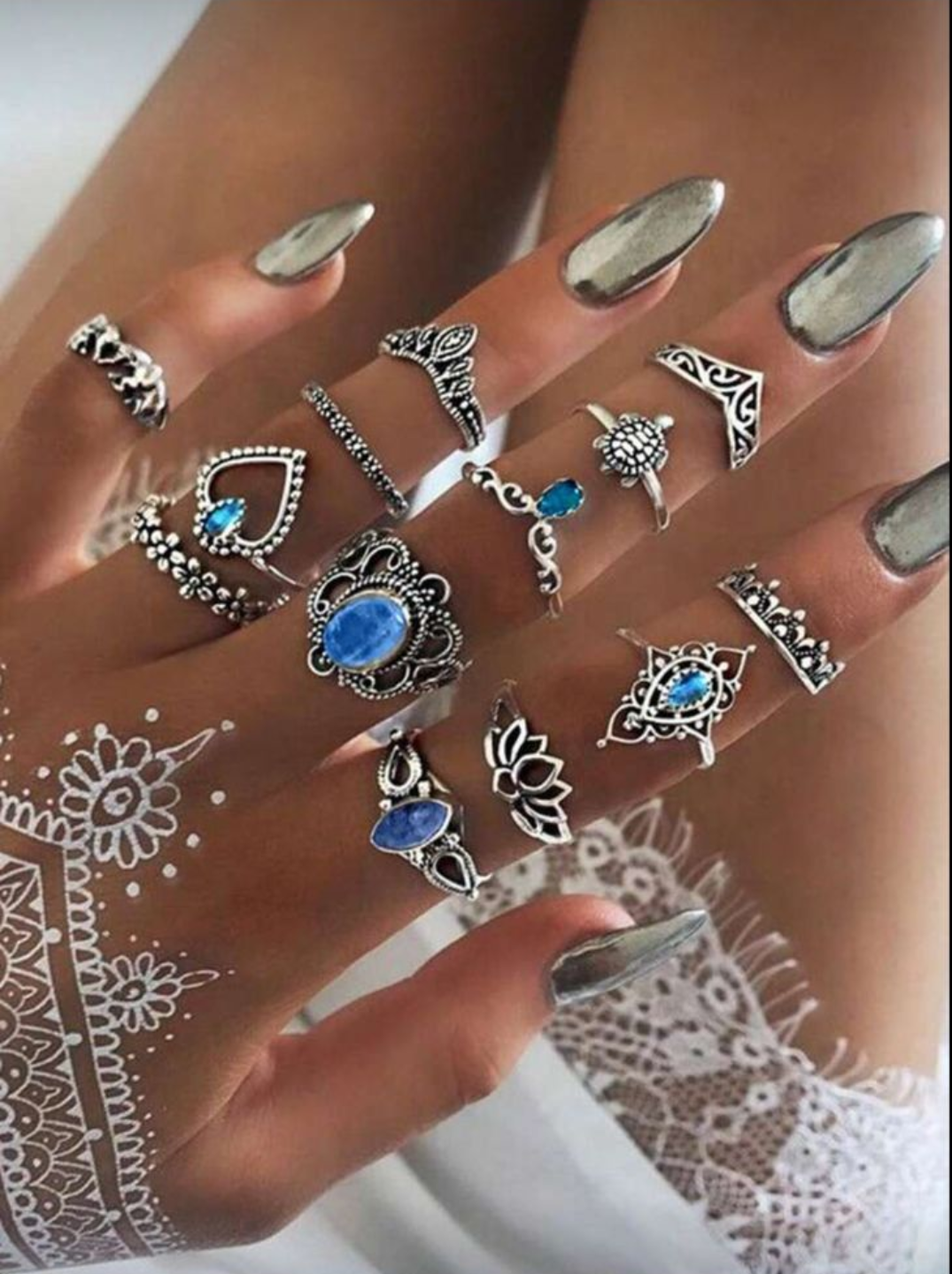 Vintage Blue Stone Bohemian Set of 12 Rings